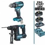 Pack Makita pro start bl Motor 18V 2 batt 3Ah Perceuse 50Nm DDF485 + Perforateur 1,2J DHR171 + 2 Makpac