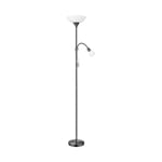 Eglo Lampadaire Up 2, lampe sur pied 2 flammes en acier nickel nero et verre et plastique blanc, lampe de salon avec interrupteur, projecteur de plafond avec lampe de lecture, prise E27 + E14