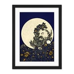 Doppelganger33 LTD Man in The Full Moon Blue Floral Lunar Illustration Artwork Framed Wall Art Print 18X24 inch