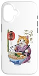 Coque pour iPhone 16 Chat animé mignon en kimono mangeant des ramen Anime drôle