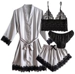 Laura Lily - Ensemble de Pyjama en Soie Satin pour Femme avec Dentelle 4 pièces, Peignoir, Haut Bralette, Slip et Short. Luxe, Sexy et élégant. Gris XL