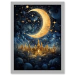 Golden City in the Clouds Surreal Artwork Blue Gold Crescent Moon Starry Night Fairytale Artwork Framed A3 Wall Art Print