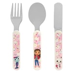 Gabby's Dollhouse 3 Piece Cutlery Set – Metal, Reusable Children's Knife, Fork & Spoon, Kids-Size, Made from Food-Safe Stainless Steel & ABS Plastic – Gabby. Mercat, Pandy Paws – for 12 Months & Up