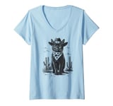 Womens Black Cat in Cowboy Boots V-Neck T-Shirt