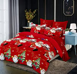 Sedefen Housse de Couette Noël 220x240 cm Rouge Blanc père Noël Sapin de Noël Parure de Lit 2 Personnes avec Fermeture Éclair - Housse Couette en Microfibre avec 2 Taie d'oreiller 65x65 cm