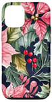 Coque pour iPhone 12/12 Pro Poinsettias rouge vif avec houx et feuilles vert foncé