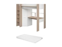 Lit mezzanine avec bureau et armoire - 90 x 200 cm - Coloris : Blanc et naturel + matelas - AUCKLAND