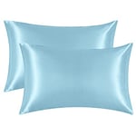 EHEYCIGA Satin Pillow Cases 2 Pack Light Blue, Silky Pillowcases for hair and skin with Envelope Closure, Standard Size,50x75 cm