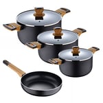 BERGNER EARTH BLACK - Batterie de cuisine en aluminium pressé 7 pièces - Induction - Revêtement antiadhésif ILAG Premium - Poignées en bois - Maniable