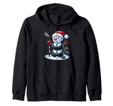 Cartoon Ice Hockey Puck Snowman with Santa Hat Christmas Zip Hoodie