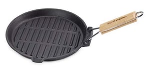 ECHTWERK Poêle à griller en fonte et revêtement émaillé 24cm, poignée en bois amovible, écoulement latéral de la graisse, poêle adaptée aux foyers, BBQ et fours