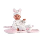 Llorens 1063598 Poupée Bimba, aux Yeux Bleus et Corps Doux, poupée avec Tenue, tétine, Attache-tétine et Couverture de Lapin Rose, New Born, 35 cm