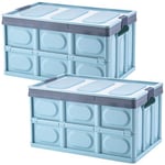 Tuevob Collapsible Storage Boxes Crates 2 Pack 30L Lidded Storage Bins Plastic Tote Storage Box Container Stackable Folding Utility Crate for Clothes, Toy, Books,Snack, Shoe Grocery Storage Bin-Blue