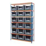 BiGDUG Premium Large Stacking Pick Bin Kit with 7 Levels and 18 Grey Bins Chipboard, Steel 2440 x 1525 x 455 mm Blue, Orange