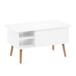 Furinno Jensen Table basse avec plateau relevable avec pieds en bois, compartiment caché et étagère latérale ouverte pour le salon, blanc massif