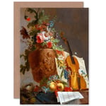 Painting Still Life Bachelier Flowers Violin Greetings Card Plus Envelope Blank inside