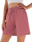 Jezonga Short Sport Femme Short de Sport Pantalon de Jogging Court Taille Haute Short de Course à Pied avec Poches Short Décontracté Casual Lounge Mode Plage Entraînement Randonnée Gym Rose Foncé XL