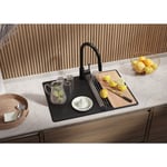 Primagran - Evier Cuisine en Granit Noir 70x50cm, Lavabo 1 bac + Kit de Vidage + Planche à Découper, Évier à Encastrer au meuble 40cm - Top de