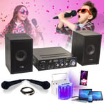 Pack KARAOKE-STAR2MKII Enfant - 2 Enceintes 2 Micros 1 Ampli Bluetooth USB SD 100W - Jeu Lumière Derby Multifaisceaux - Cadeau