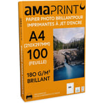 100 Feuilles Papier Photo A4 Brillant 180G/M² Pour Imprimante À Jet D'Encre - Glacé - Résistant À L'Eau