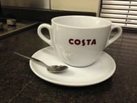 COSTA COFFEE LARGE CUP DOUBLE HANDLE WITH SAUCER AND SPOON MASSIMO MUG NEW