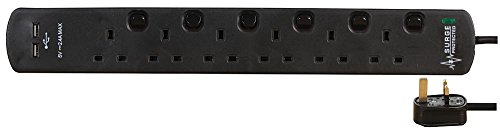 Pro-Elec 2m 6 Gang 2 USB Surge Protected Extension Lead, Black