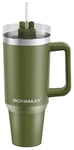 IronMaxx Gobelet avec poignée, vert olive, 1,2 l, avec paille incluse, design moderne et fin en acier inoxydable, couvercle anti-fuite et isolation à double paroi, garde au chaud et au froid