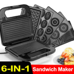 6-IN-1 Sandwich Grill Waffle Maker Detachable Plates Non-Stick Toastie Iron 750W
