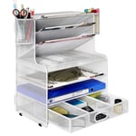 TQVAI 7 Tier Letter Tray Desk Tidy Organiser with Drawer Magazine File Holder A4 Paper Storage Document Tray, White