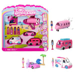 Barbie Coffret 4 Poupées et 4 Véhicules Mini BarbieLand Contenant 4 Mini-poupées Barbie de 4 cm et 4 véhicules emblématiques avec éléments Qui changent de Couleur, JGL30