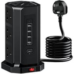 Extension Lead Tower with USB Slots, NVEESHOX 9 Way Plug Extension and 5 USB Ports (1 USB-C /18W Fast Charging), Multi-Plug Surge Protector Power Extension Tower 2M Extension Cord for Phones, Laptop