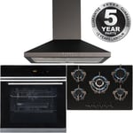 Black 10 Function Single Fan Oven, 70cm 5 Burner Gas Hob & Chimney Cooker Hood