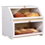 Leader Accessories Double Decker Bamboo Bread Bin 2-Layer Bread Box Large Capacity Bread Storage for Kitchen 15.3"x9.8"x12.6" White