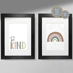 Be Kind Rainbow Prints (Pack of 2) - Nursery Wall Art | Baby Room Decor | Kids Bedroom White Frame Without Mount A3