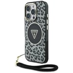 Guess iPhone 16 Pro Mobilskal MagSafe IML Leopard Triangle Cord Strap - Svart