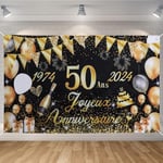 Seutgjie Banderole Joyeux Anniversaire 50 Ans 1974-2024, Décoration Anniversaire 50 Ans Toile de Fond Anniversaire Hommes/Femmes, Bannière Joyeux Anniversaire pour Fête, Or Noir 180 x 110 cm