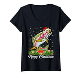 Womens Xmas Lighting Decor Santa Hat Rainbow Trout Fish Christmas V-Neck T-Shirt