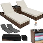 TecTake® Set de 2X Chaise Longue Bain de Soleil avec Dossier réglable + Table de Jardin en Aluminium et Resine Tressee + 2 Set de Housses + Housse de Protection Piscine Balcon Jardin - Noir/Marron