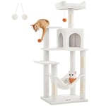 Feandrea Arbre à Chat Hauteur 143 cm, Tour de Jeux pour Chats, avec 4 Poteaux à Griffer, 2 Plateformes, 1 Niche, 1 Hamac, 2 Pompons, en Tissu Peluche, Multi-Niveaux, Blanc Crème PCT161T01