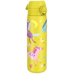 Ion8 Steel Water Bottle, 600 ml/20 oz, Leak Proof, Easy to Open, Secure Lock, Dishwasher Safe, Flip Cover, Fits Cup Holders, Carry Handle, Durable, Metal Water Bottle, Raised Print, Yellow Unicorns