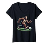 Womens Bigfoot Playing Soccer Ball Funny Soccer Lover Player Sport V-Neck T-Shirt