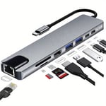 Typ-C 8-i-1 Hub Multiport Adapter, USB C till 4K 30Hz HDMI, 100W PD Laddare, USB C Data, Lan 100Mbps Ethernet, USB 3.0, USB C Hub för Macbook