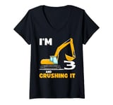 Womens Funny 3 Birthday Print With Excavator Im 3 And Crushing It V-Neck T-Shirt