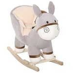 HOMCOM Cheval à Bascule modèle âne Fonction Musicale Selle Grand Confort Peluche Courte Douce Bois peuplier Gris dim. 61L x 34l x 58H cm