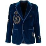 DOLCE & GABBANA Crystal Crown Napoleon Bee Velvet Blazer Jacket Blue Silver