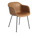 Muuto - Fiber Armchair, Tube Base, Silk Leather - Cognac/Black - Brun - Brun - Matstolar - Metall/Trä/Syntetiskt