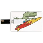 16G USB Flash Drives Credit Card Shape Reptile Memory Stick Bank Card Style Funny Surfing Trex in Water on Plain Background Safari Flame Cool Fictional Artsy,Green Red Yellow Waterproof Pen Thumb Love