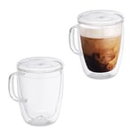 Relaxdays Tasses à café Double paroi, Lot de 2, Verre Borosilicate à thé avec Anse et Couvercle, 500 ML, Transparent