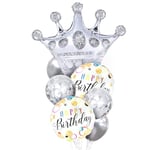 7 Pièces Ballons Argenté, Ballon Couronne Princesse Prince, Ballon blanc et Argenté, Couronne de Ballon pour Anniversaire pour Anniversaire Décorations de Fête, Baby Shower