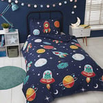 Rapport Home Kids Space and Aliens 2 Piece Toddler Duvet Cover Set Dark Blue Planets and Galaxies Toddlers Bedding Set (150 x 120cm)